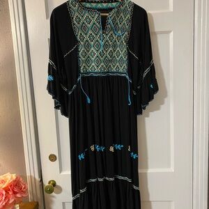 Embroidered Black and Turquoise Maxi Dress